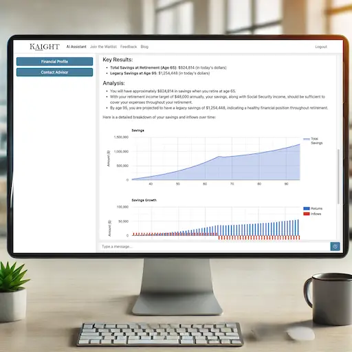 an interactive touchscreen display showing a personalized AI retirement planning dashboard with various financial projections and strategy options