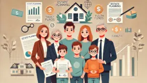 Illustration of a happy blended family standing in front of a house. The family includes children from both parents, holding documents related to estate planning. Symbols of estate planning such as charts, financial documents, and trust funds are present in the background. The overall colors are soft and harmonious, conveying peace and fairness. All family members have well-defined, symmetrical facial features, including the father's properly aligned eyeglasses