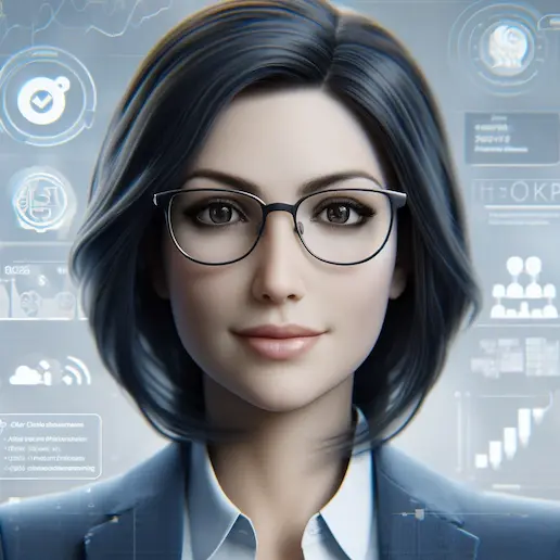 Portrait of Kaight, the AI financial advisor, featuring a professional woman with dark hair and glasses, surrounded by financial data charts and icons in the background.